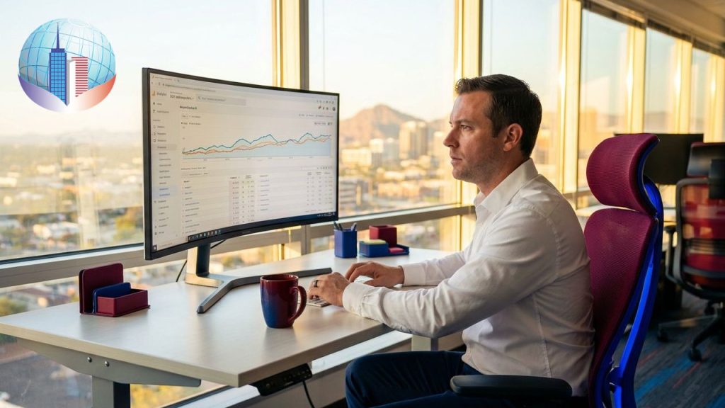 Phoenix SEO company expert at Salterra Digital Services analyzing local search rankings, call today to start your free strategy session
